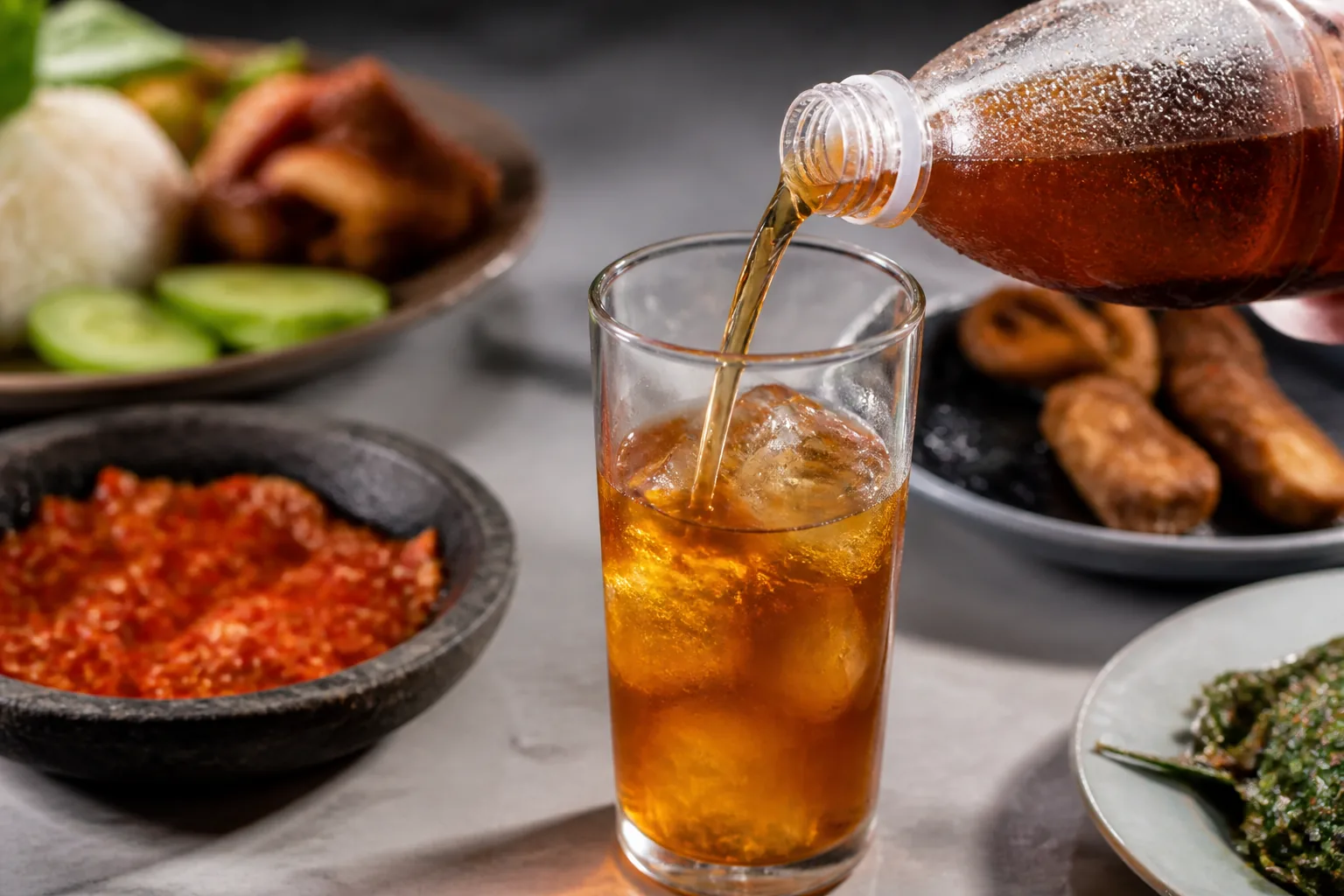Tuang teh botol dingin ke gelas setelah makan bersambal
